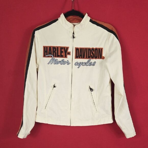 HARLEY DAVIDSON VINTAGE‎  Stripe Jacket Orange White Womens Size XS Motorcycle - Picture 1 of 15